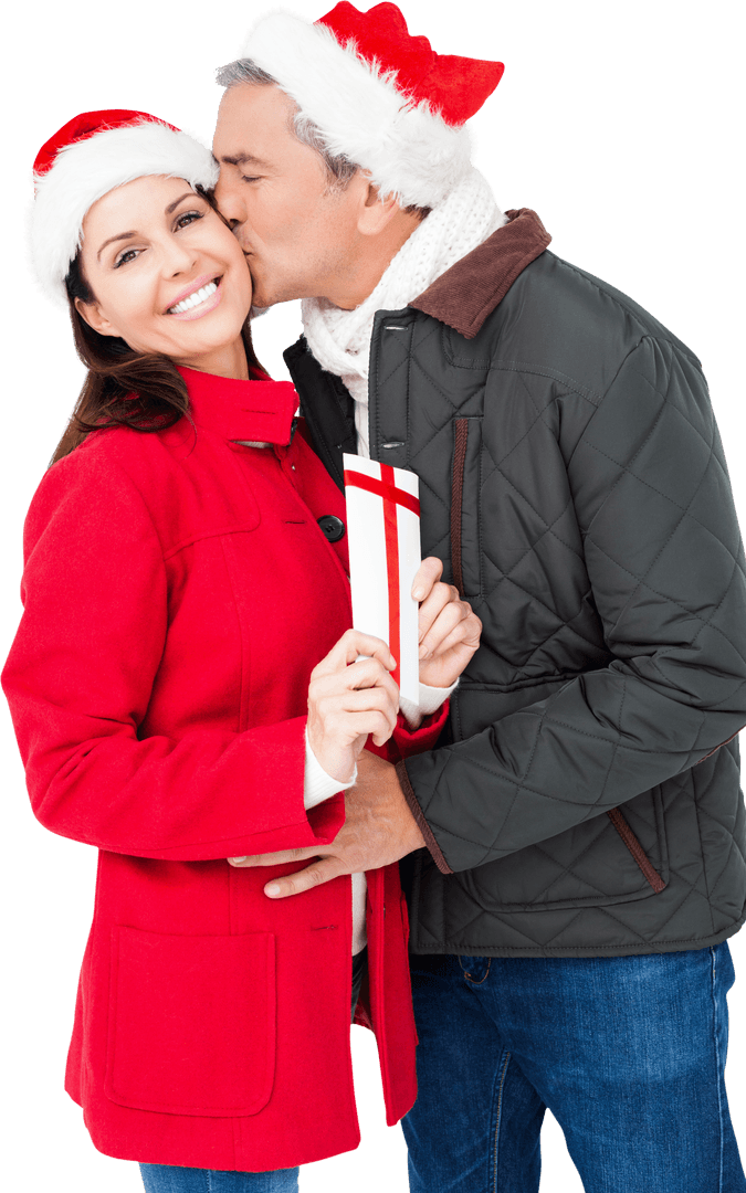 Festive Mature Couple Joyfully Exchanging Christmas Gift With Warm Greeting