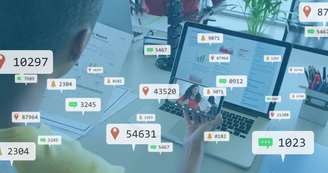 Team member analyzing dashboard while streaming mobile video with engagement badges