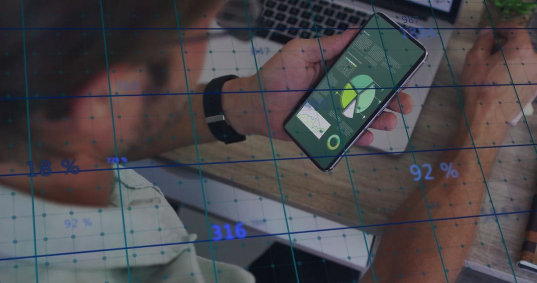 Businessman Analyzing Data on Smartphone with Virtual Analytics Overlay