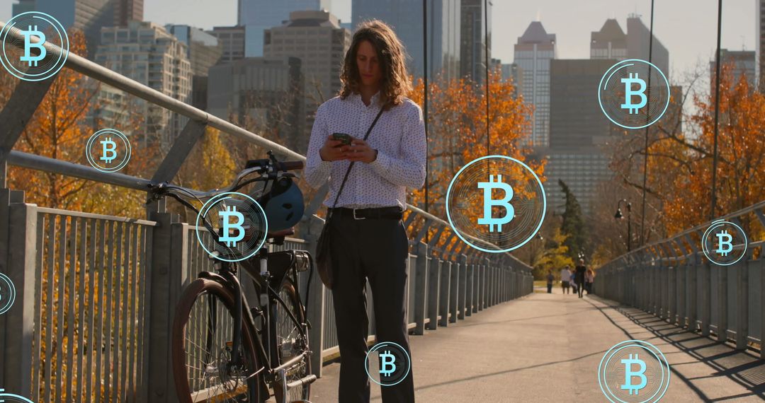 Businessman Engaging with Cryptocurrency on City Bridge