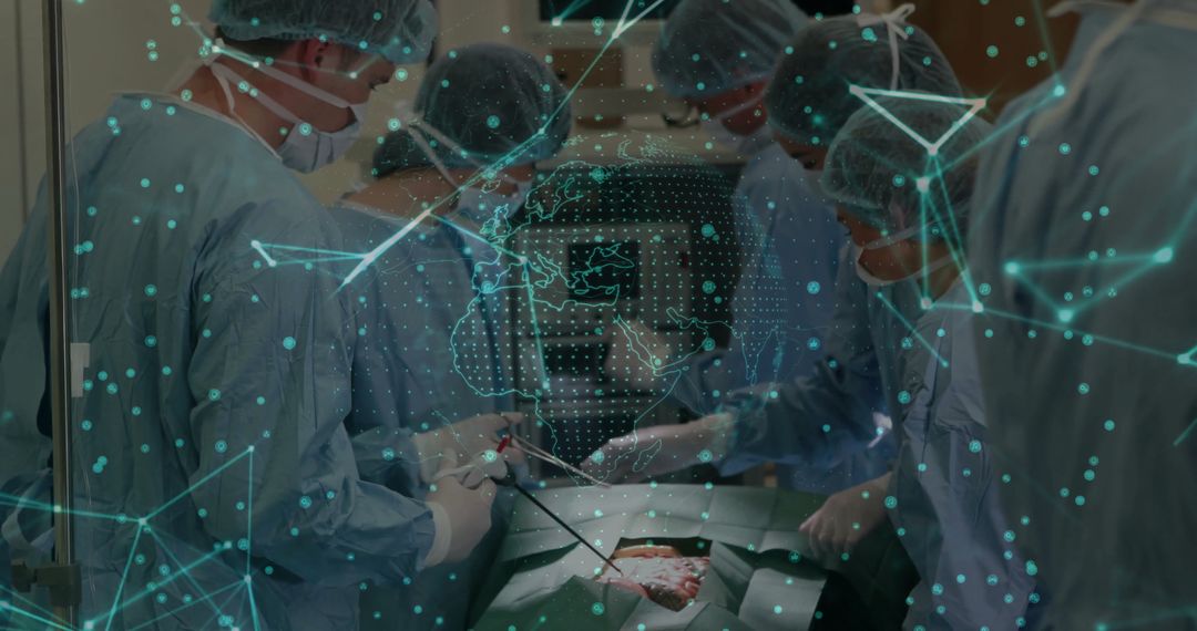 Surgical Team Performing Precision Operation with Digital Network Overlay