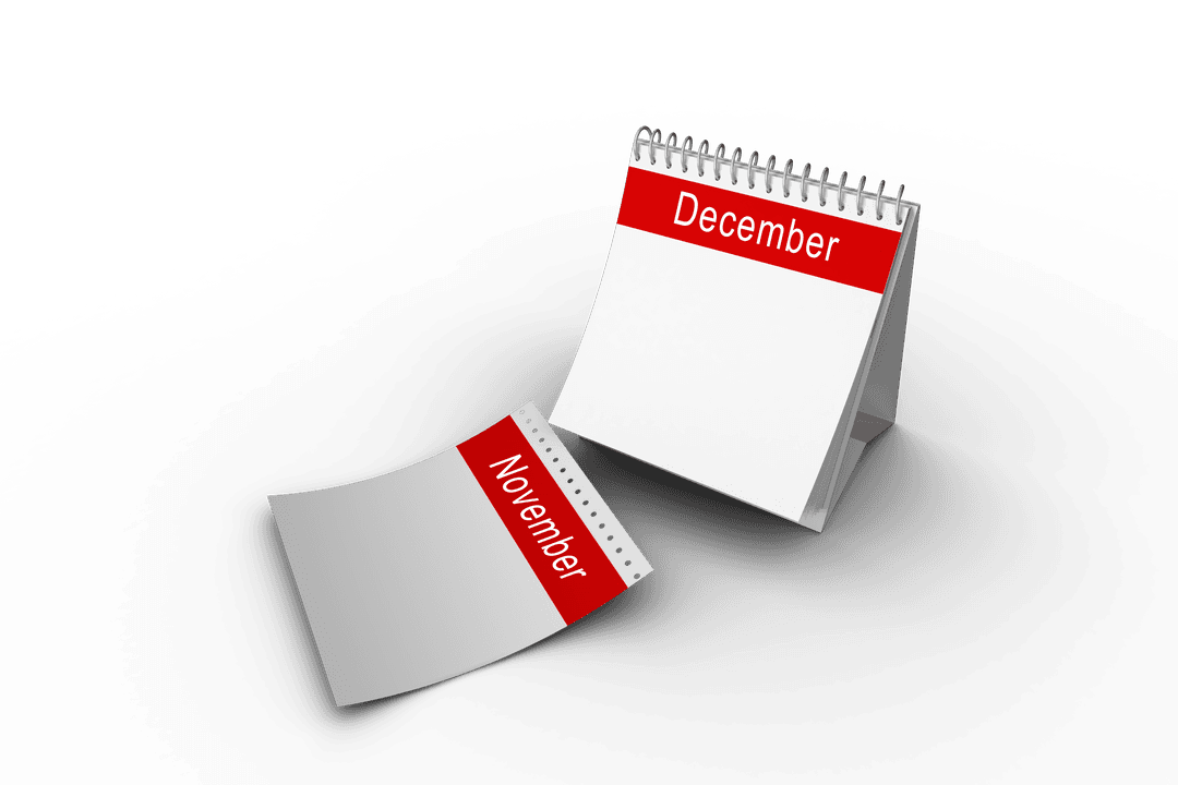 December Desk Calendar Page with Tear-Off November Sheet on Transparent Background