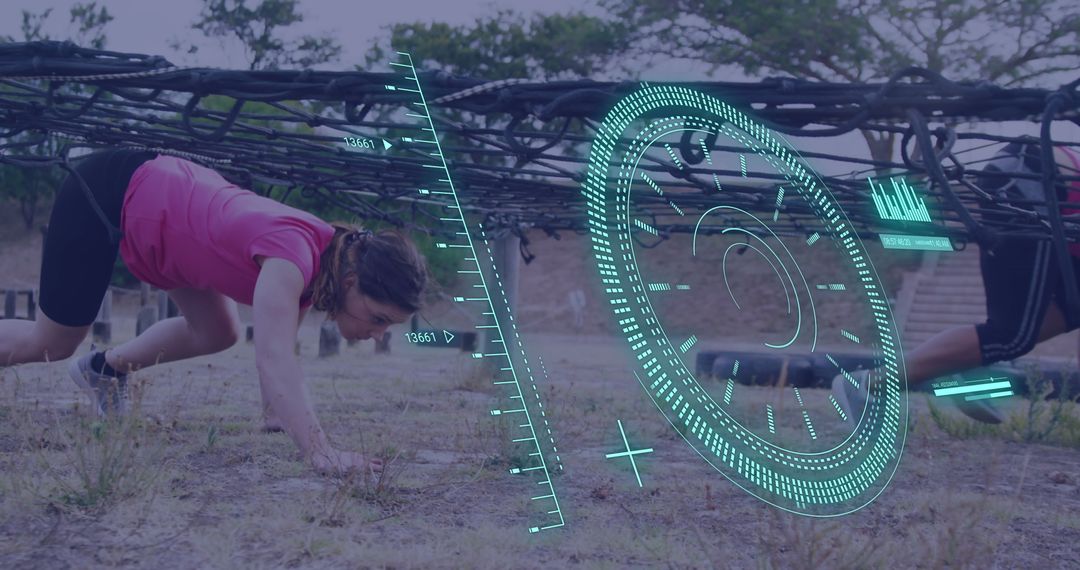 Women Navigating Obstacle Course with Digital Interface Overlay