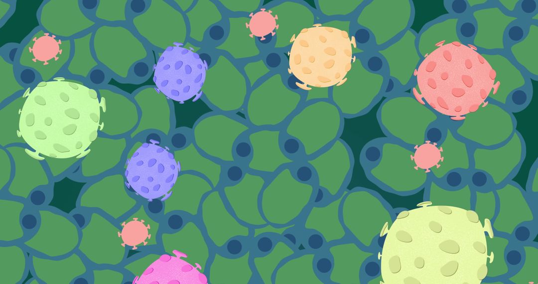 Colorful Viruses Attacking Cells Against Dark Background