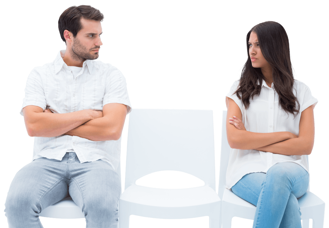 Transparent Angry Couple Avoiding Eye Contact After Argument