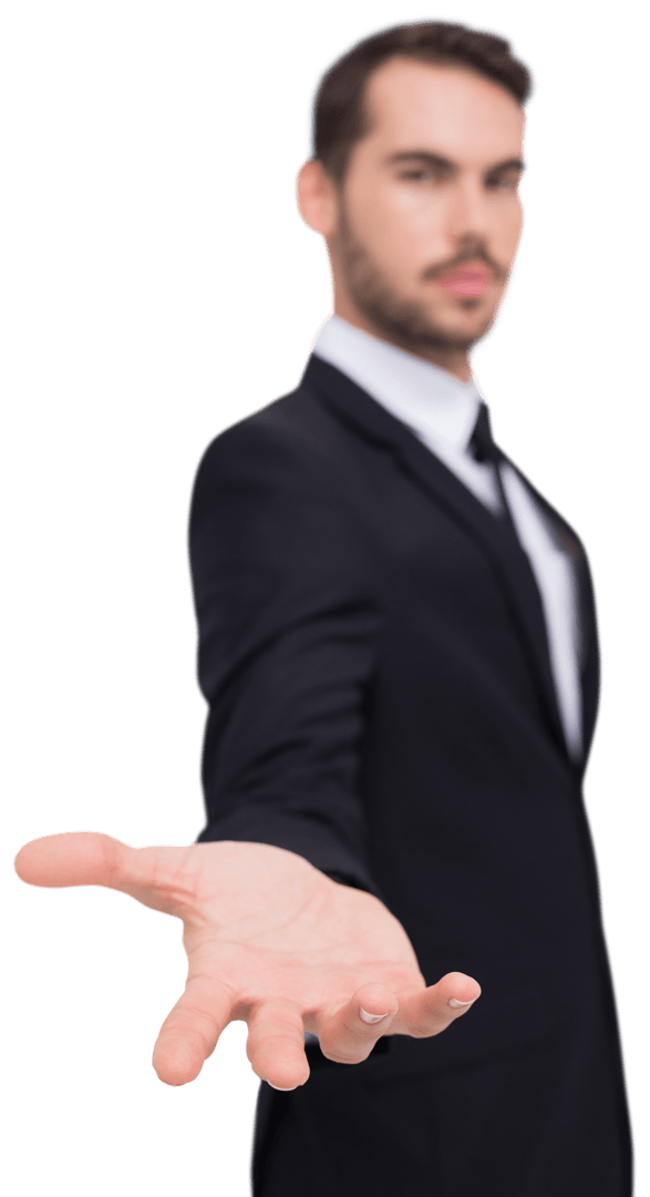 Transparent Businessman Offering Open Hand Gesture Forward