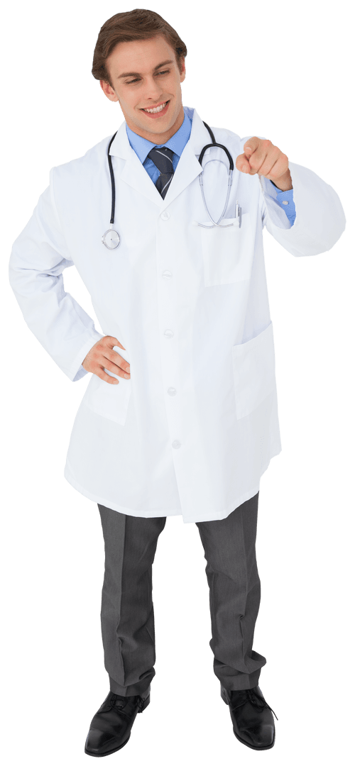 Cheerful Caucasian Doctor Pointing on Transparent Background