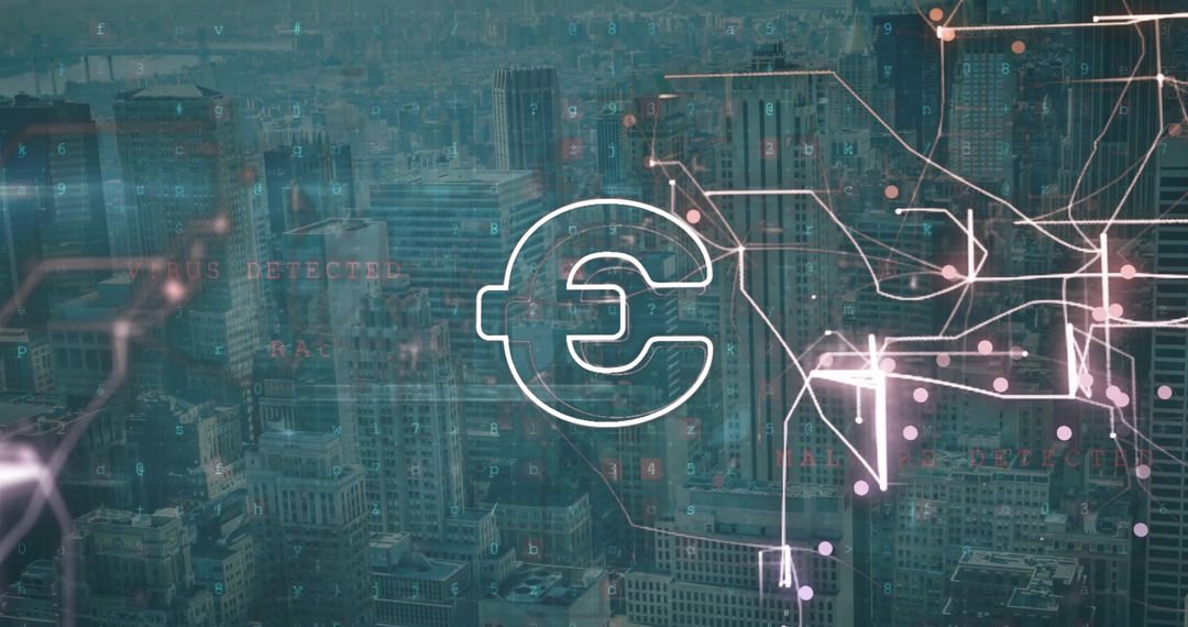 Euro Currency Symbol Amidst Digital Network Over Cityscape
