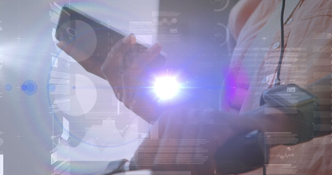 Caucasian Businessman Analyzing Data on Smartphone with Digital Overlay