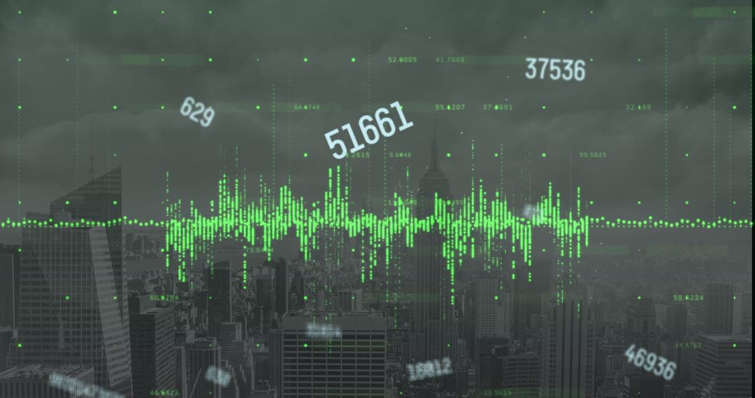 Dynamic Financial Data Display over Cityscape in Green Tones