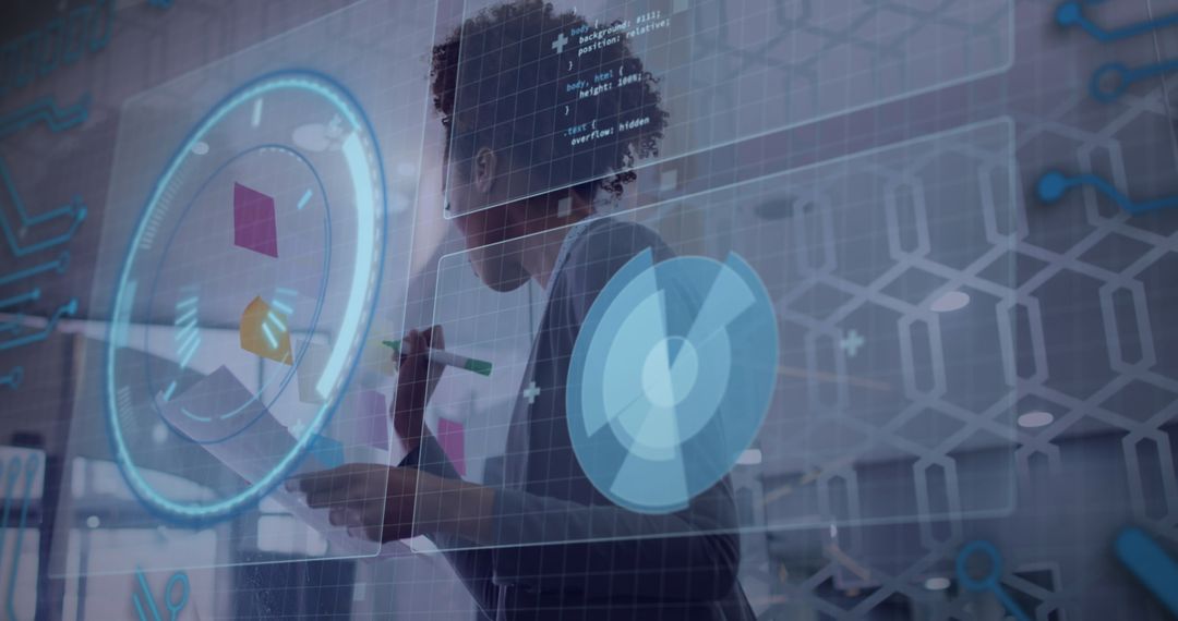 Businesswoman Innovating with Transparent Interactive Screen Interface