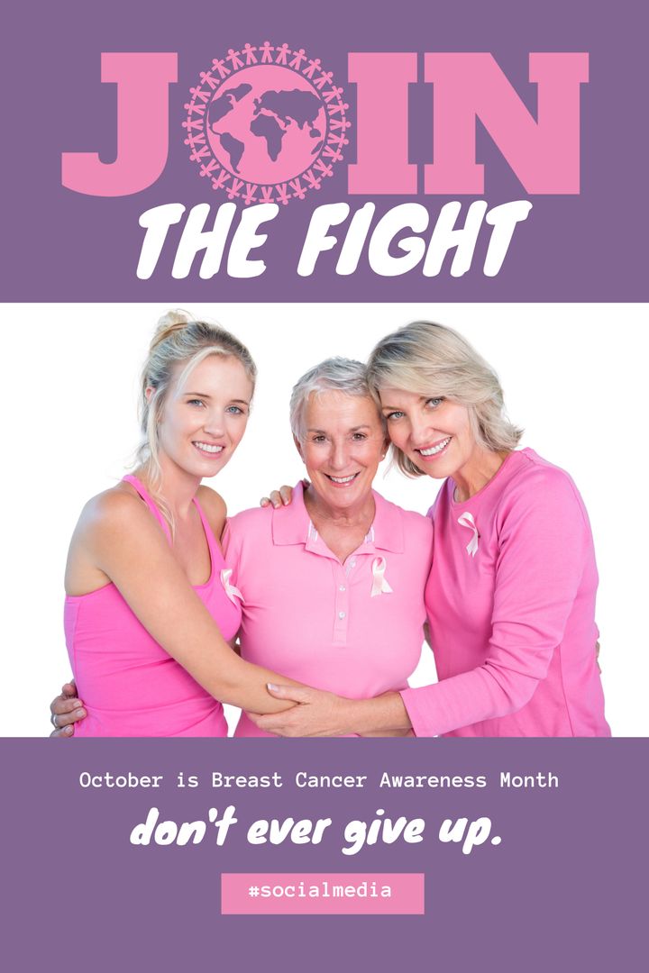 Three Generations Celebrating Breast Cancer Awareness Month in Pink Ribbons - Download Free Stock Templates Pikwizard.com