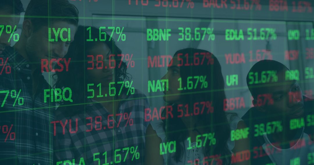 Team Collaborating on Projected Stock Market Data in Modern Office