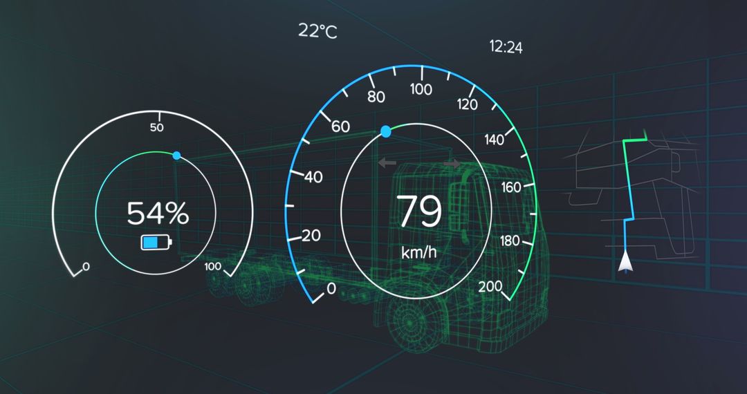 Futuristic Dashboard Display with Vehicle Metrics and Gauge