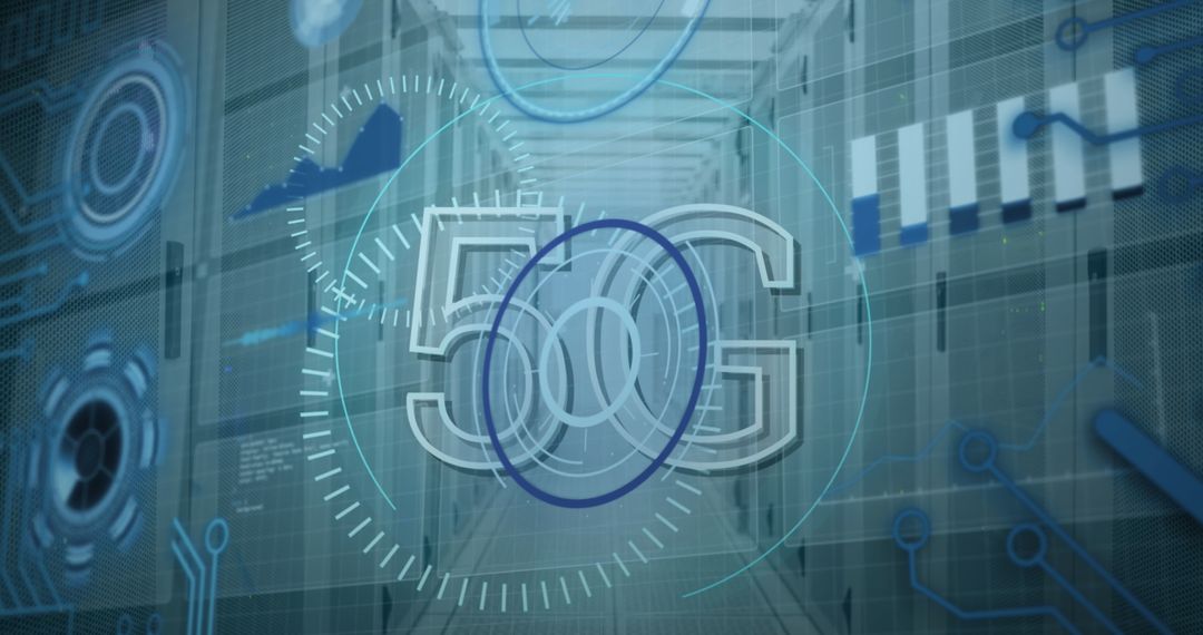 5G Technology in Digital Server Room with Data Processing Overlay