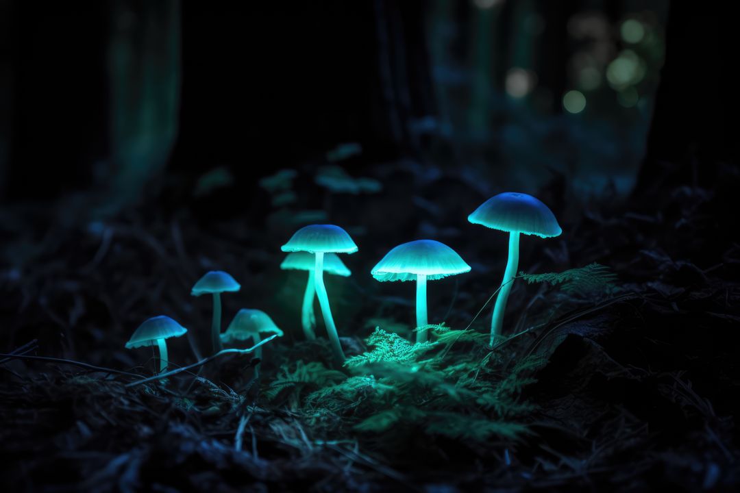 Glowing Bioluminescent Mushrooms in Dark Forest - Free Images, Stock Photos and Pictures on Pikwizard.com