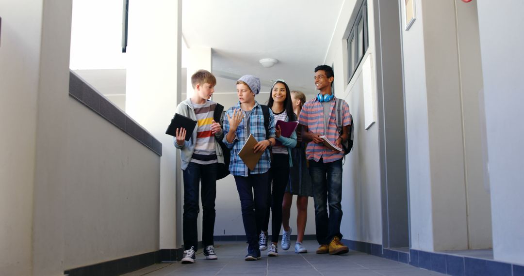 Diverse Students Energetically Walking School Hallway