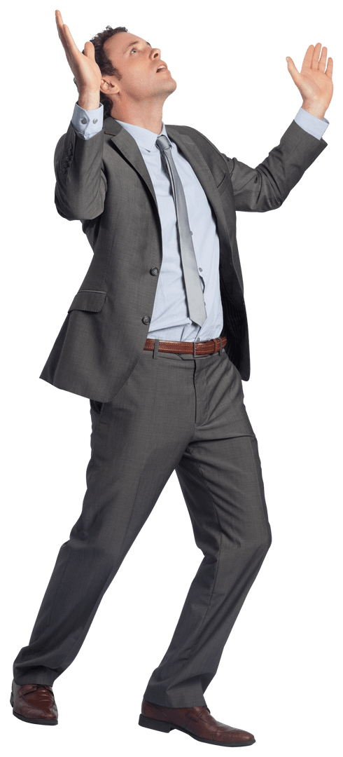 Businessman In Suit Raising Arms Looking Up Isolated Transparent