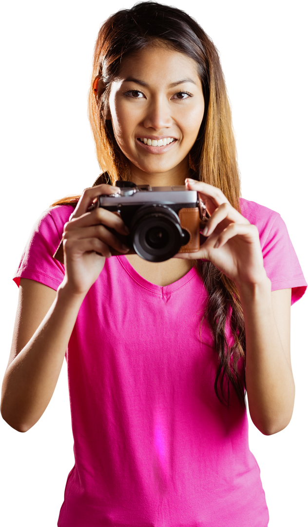 Transparent smiling Asian woman taking picture with camera - Download Free Stock Images Pikwizard.com