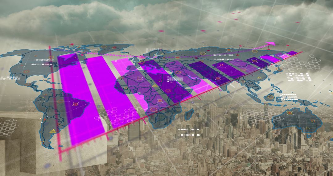 Digital Interface with Global Map Overlaid on Cityscape