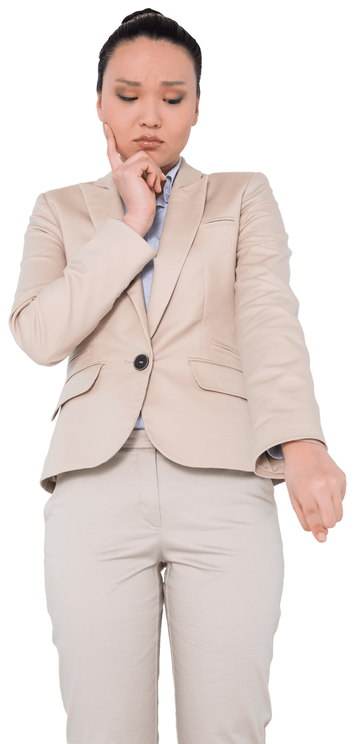Asian Businesswoman Pointing on Transparent Background for Interface Design