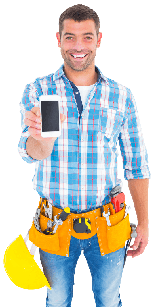Smiling Handyman Showing Transparent Mobile Screen Toolbelt