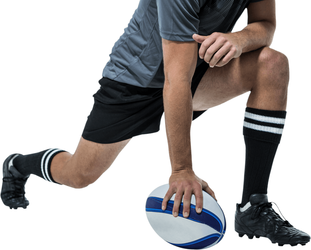 Transparent View of Rugby Player Stretching with Ball