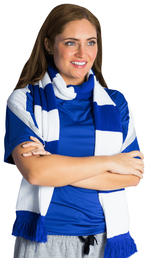 Smiling Football Fan with Blue White Scarf Posing Transparent