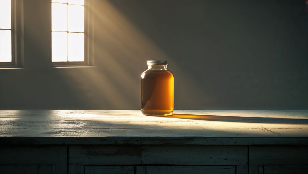 Corn syrup in jar on table with sunlight streaming through window