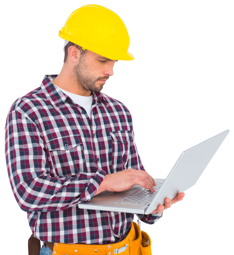 Handsome Handyman with Transparent Background Using Laptop