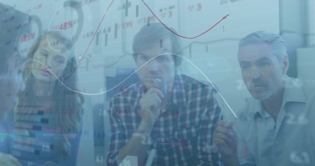 Business team analyzing market data with transparent charts and candlestick overlays