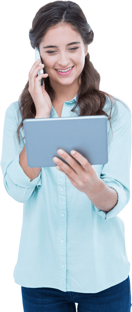 Smiling Woman Using Tablet and Phone on White Background