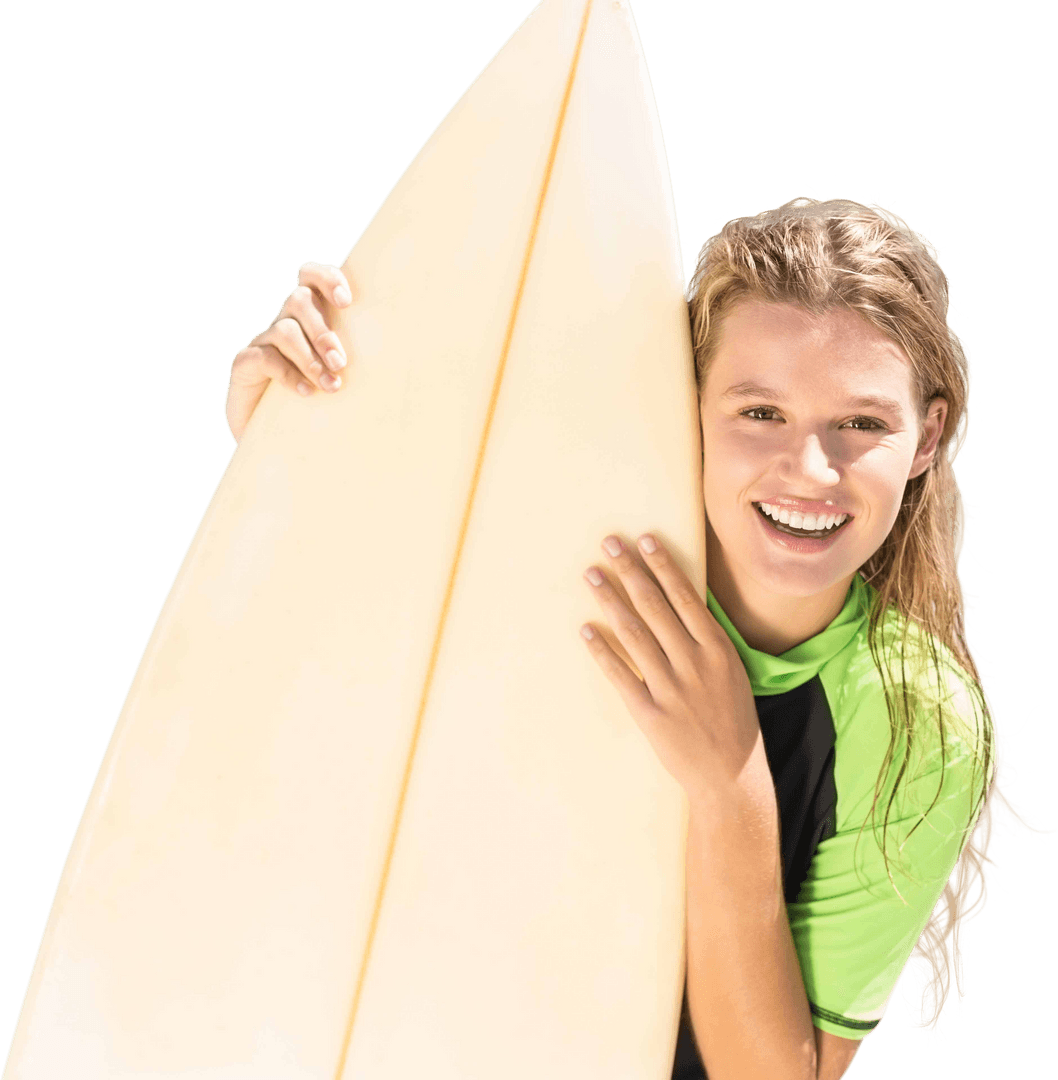 Smiling Woman with Surfboard on Transparent Background