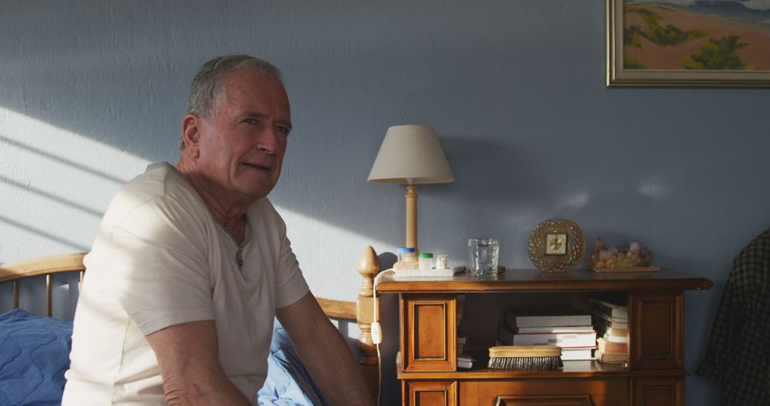 Elderly Man Sitting on Bed in Sunlit Room - Free Images, Stock Photos and Pictures on Pikwizard.com