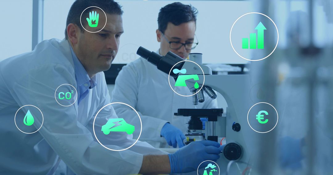 Scientists analyzing sustainable materials under microscope with green energy data icons