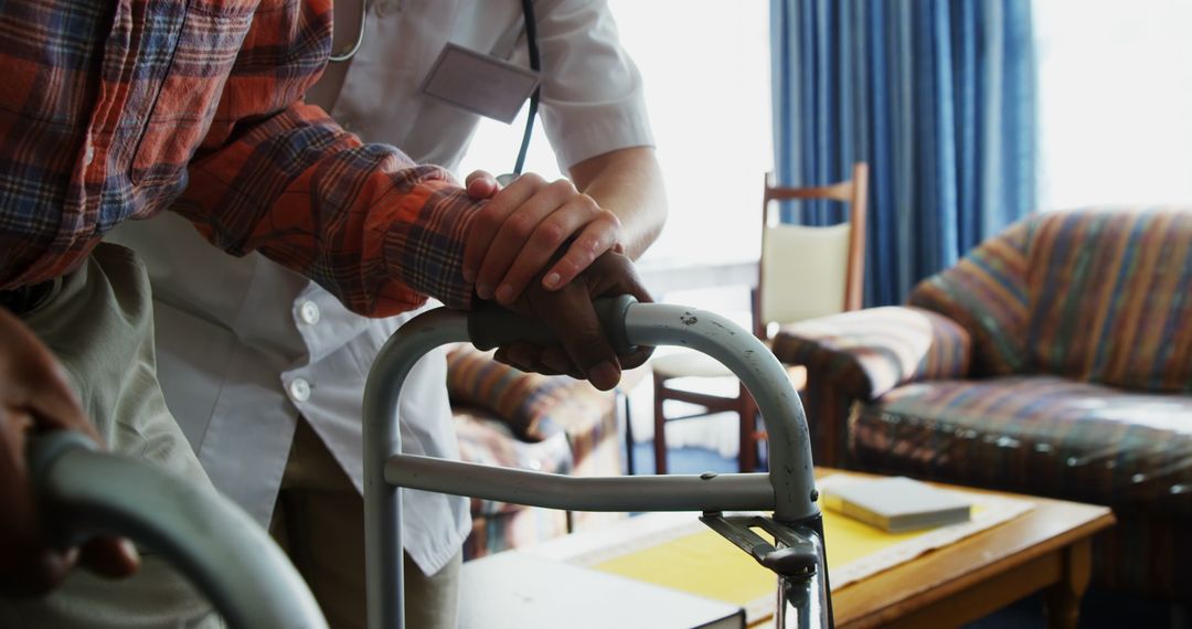 Nurse Assisting Senior Man with Walker in Living Room - Free Images, Stock Photos and Pictures on Pikwizard.com