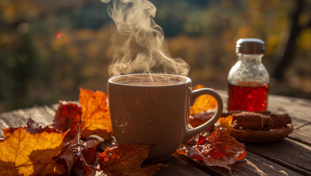 Steaming Ceramic Mug on Rustic Picnic Table with Autumn Leaves and Maple Syrup Bottle