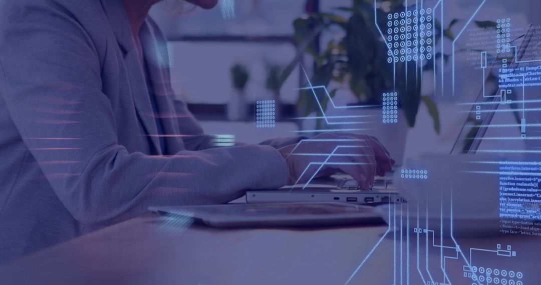 Technology and Innovation with Circuit Board Overlay on Laptop Usage