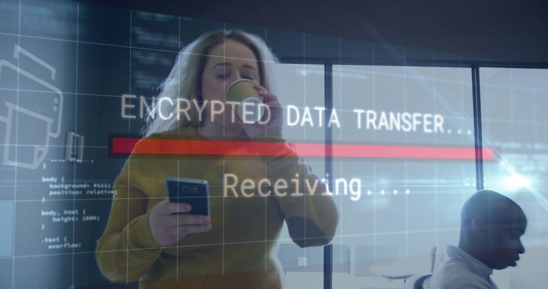 Businesswoman with Smartphone and Coffee Overlaid with Data Transfer Graphic
