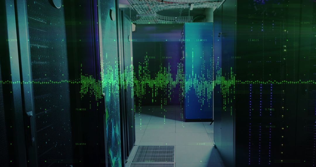 Futuristic Data Center Aisle with Digital Waveform Overlay