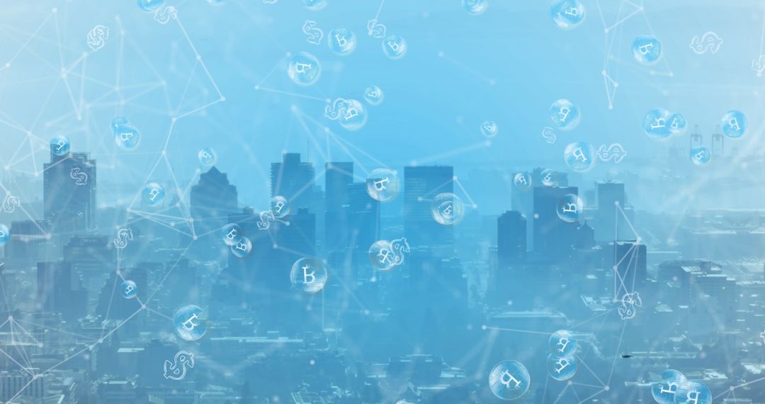 Aerial Cityscape with Floating Cryptocurrency Symbol Overlay