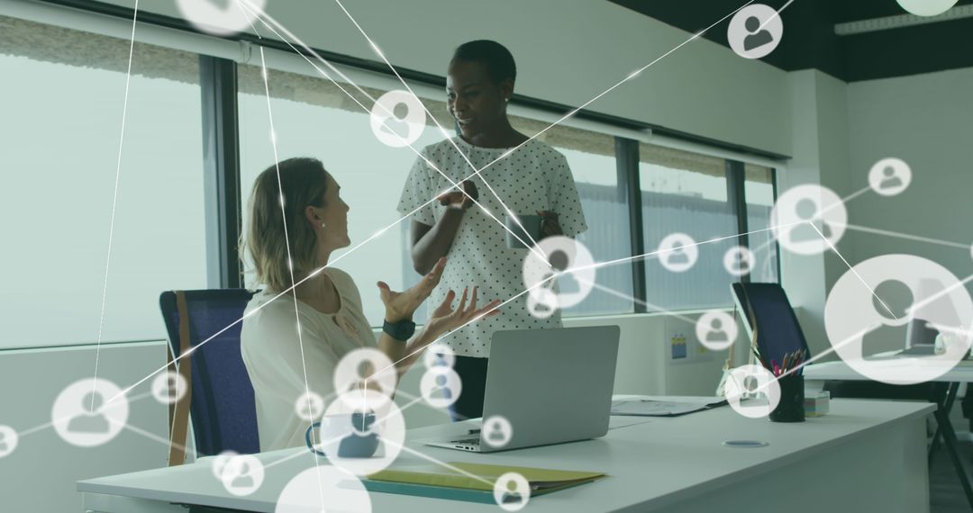 Colleagues Collaborating with Networking Icons Overlay