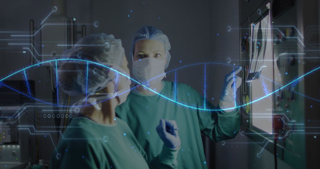 Surgeons Analyzing Data with Digital DNA Strand Overlay in Operating Room