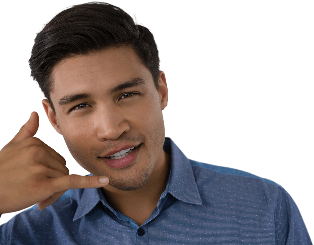 Young Man in Blue Shirt Making Call Me Hand Gesture Transparent Background