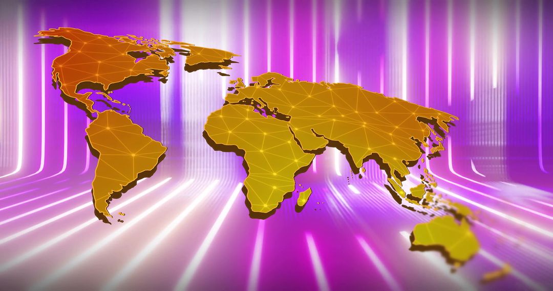 Digital World Map with Network Connections on Neon Background