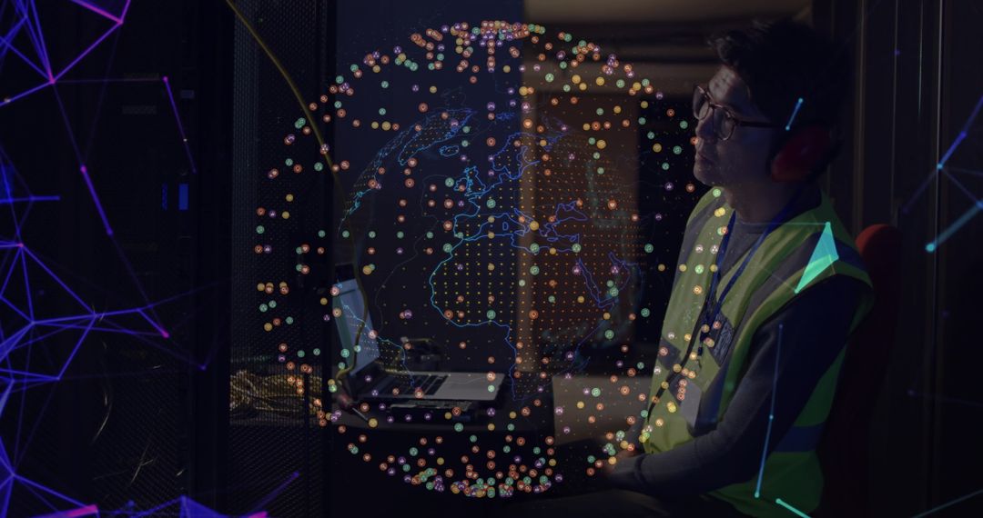 IT Technician Monitoring Servers with Digital Earth Overlay