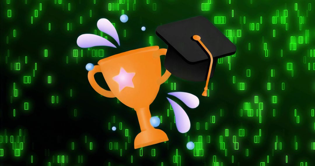 Golden trophy and mortarboard over neon green code stream celebrating digital success now