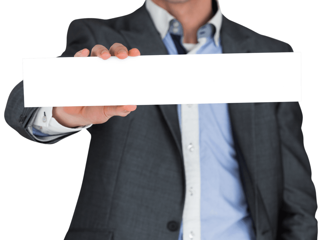 Businessman in Suit Holding Blank White Sign Board Transparent Background