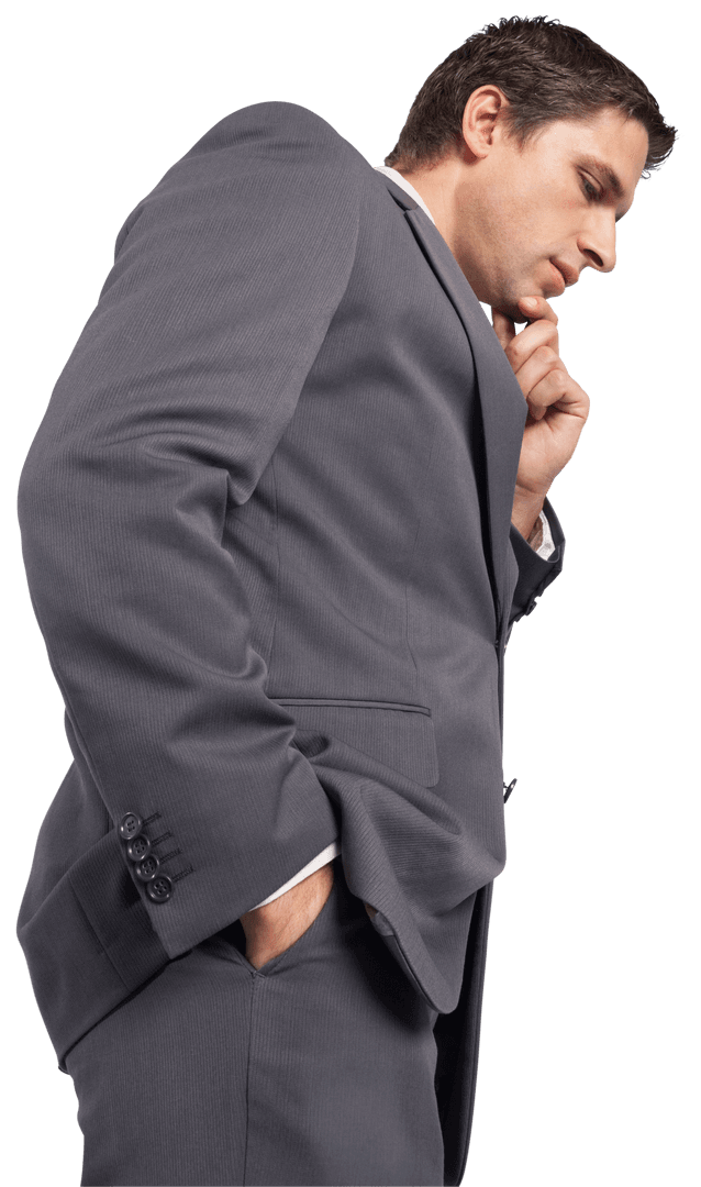 Thoughtful Businessman in Gray Suit Expression Transparent Background
