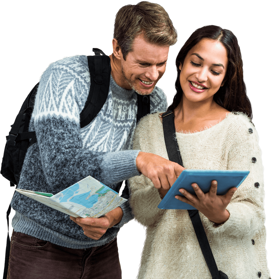 Happy Travelers Using Map and Tablet on Transparent Background